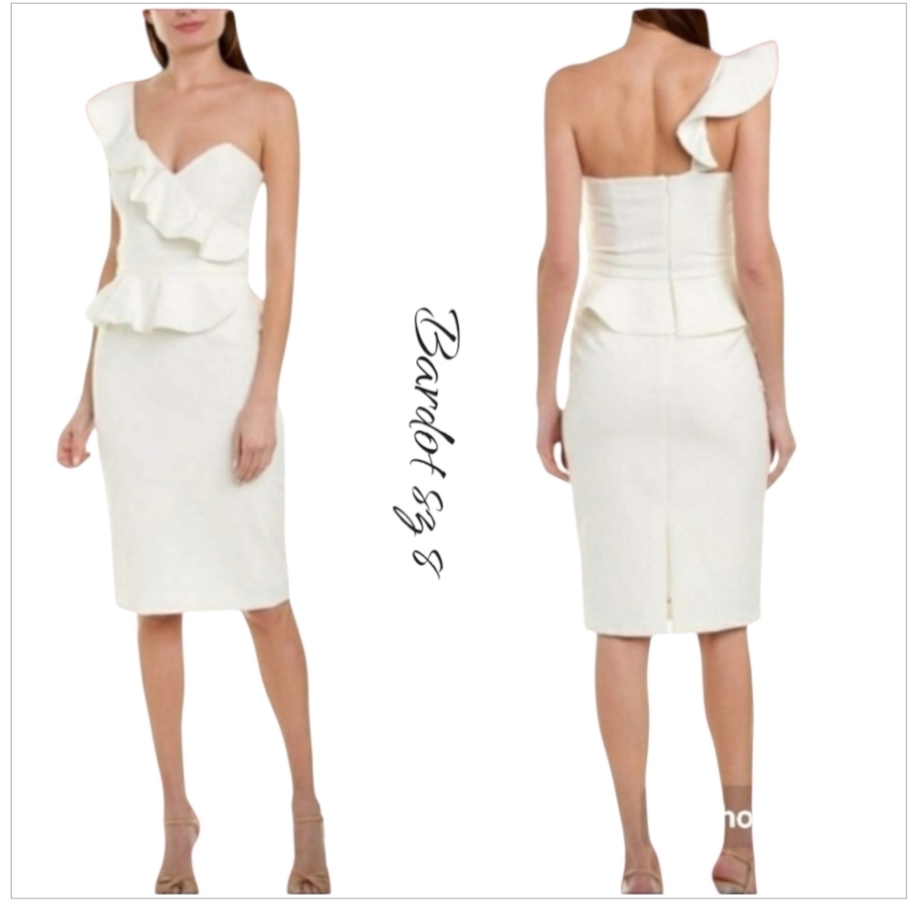 Bardot Cocktail One-Shoulder White Midi Dress Sz 8